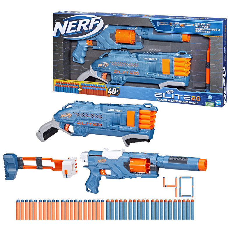 hasbro nerf elite 2.0 pistole a doppia difesa 2pz blu-arancione