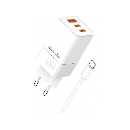 alimentatore da rete beline gan 3 porte con cavo 100cm 65w bianco