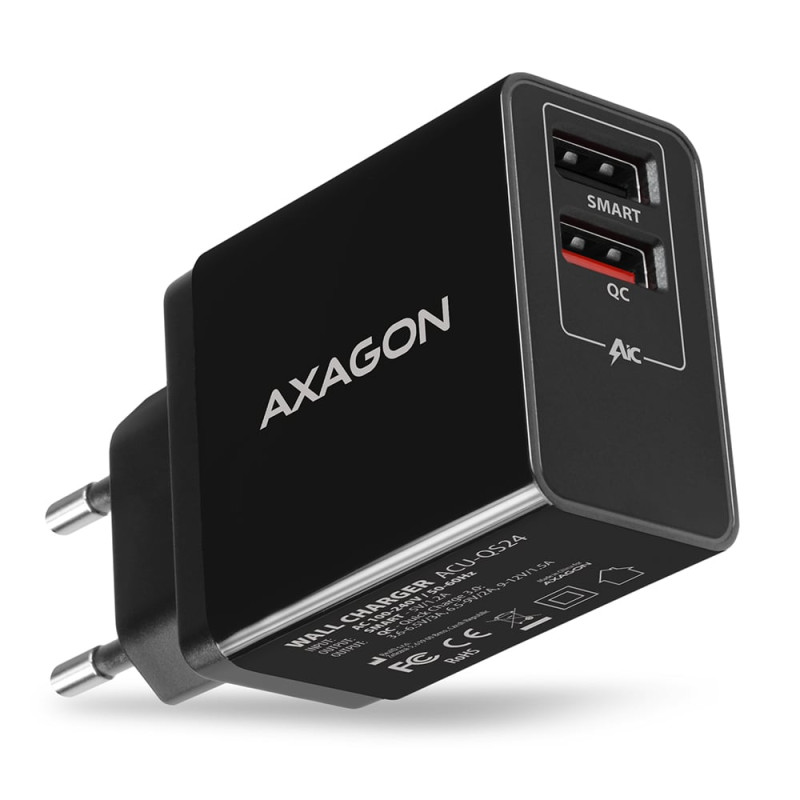 alimentatore da rete axagon 2 porte usb tipo-a/f 24w nero [acu-qs24]