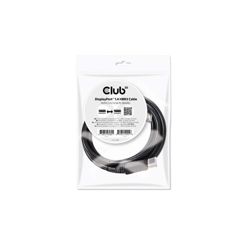 cavo displayport club3d 1.4 hbr3 32,4gb/s 2m 8k60hz st/st bulk [cac-2068]
