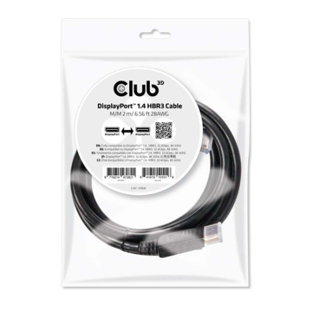 cavo displayport club3d 1.4 hbr3 32,4gb/s 2m 8k60hz st/st bulk [cac-2068]