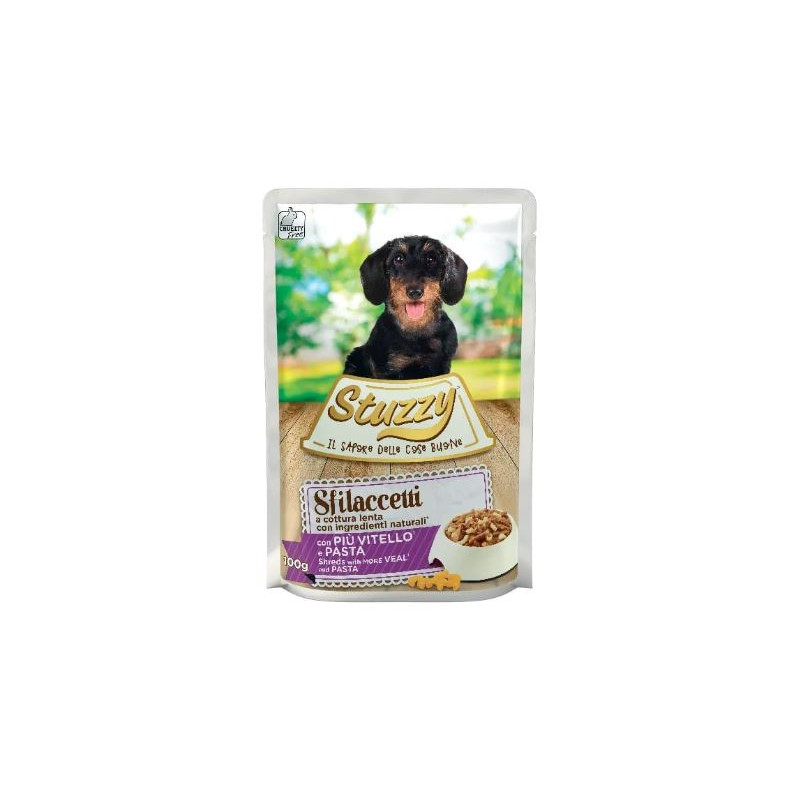 cibo umido agras pet foods stuzzy sfilaccetti di vitello con pasta