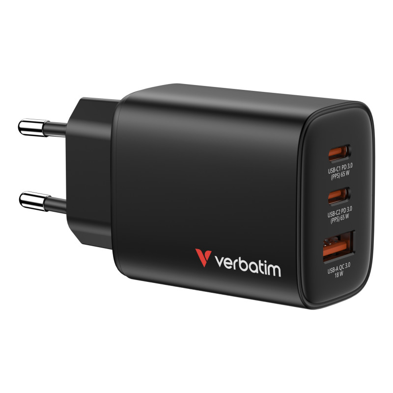 caricabatterie di rete verbatim essentials gan 65w 20v nero [32354]