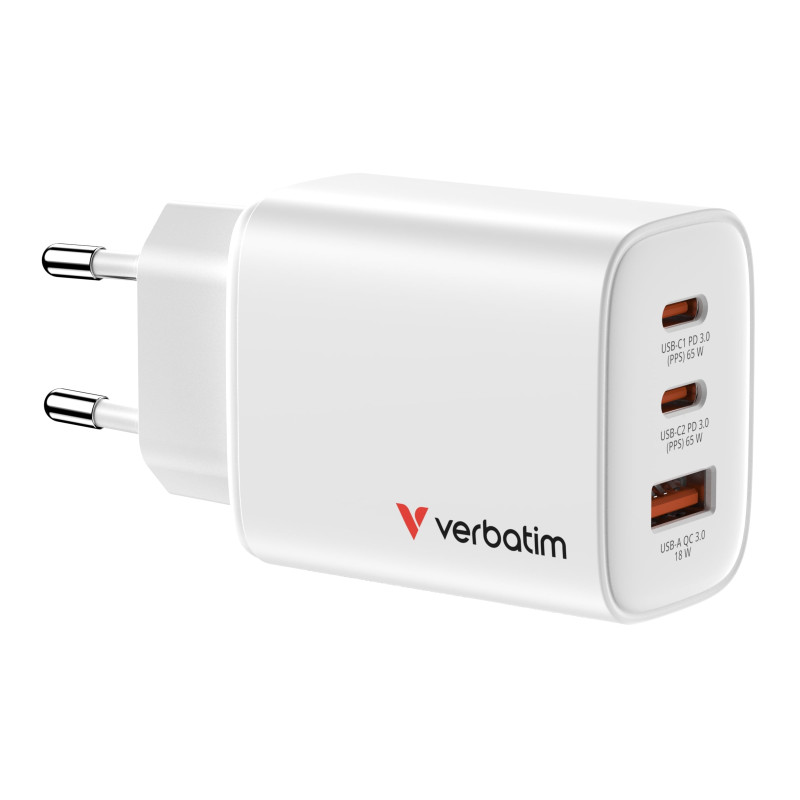 caricabatterie di rete verbatim essentials gan 65w 20v bianco [32355]