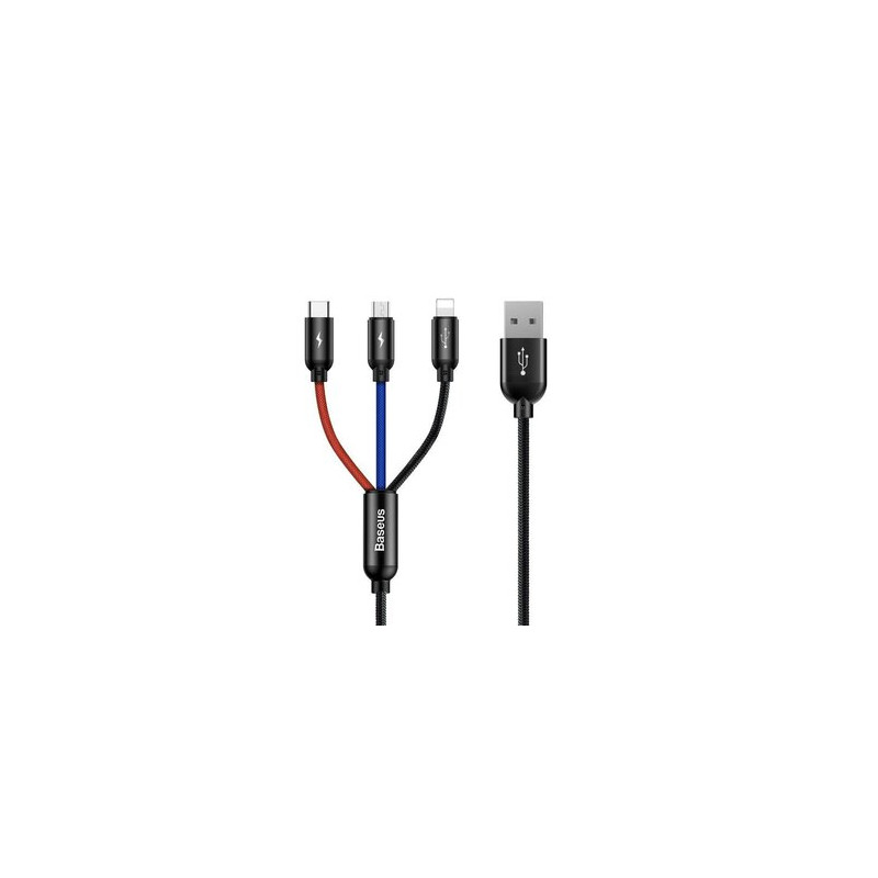 cavo usb baseus 3w1 usb-c fulmine micro 3a 1.2m nero [camlt-bsy01]