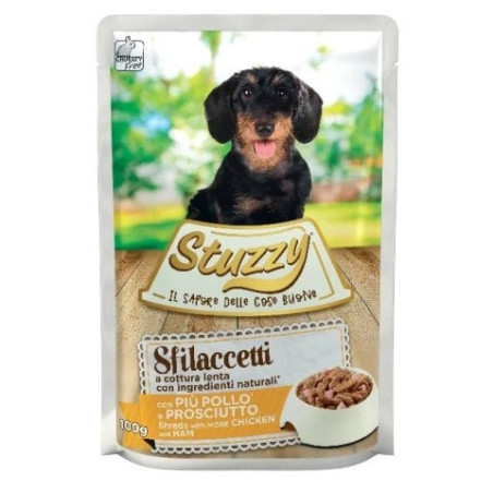 cibo umido agras pet foods stuzzy sfilaccetti pollo con prosciutto