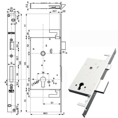serratura infilare mottura 89b850 per cerutti 3036/entrata 58mm ferro