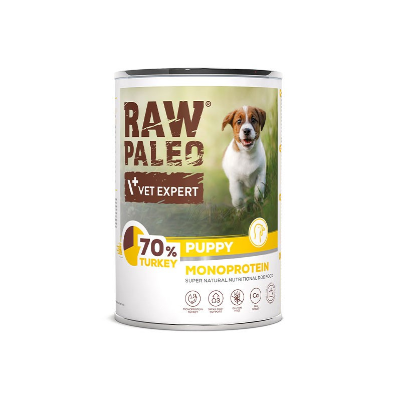 cibo umido vetexpert raw paleo puppy monoprotein con tacchino per