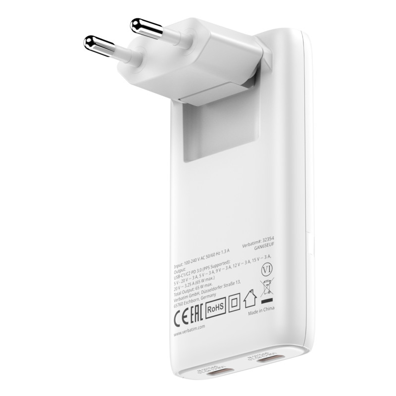 caricabatterie di rete verbatim fold n go gan 65w 20v bianco [32353]