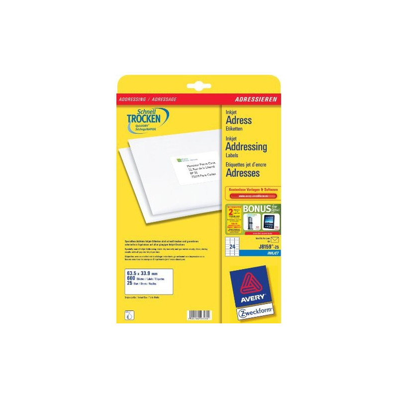etichette avery inkjet bianche j8159-25fogli (24 etichette/foglio