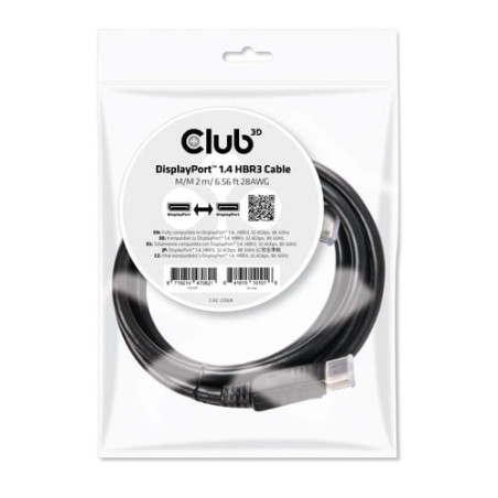 Cavo displayport club3d 1.4 hbr3 32,4gb/s 2m 8k60hz st/st bulk [cac-2068]