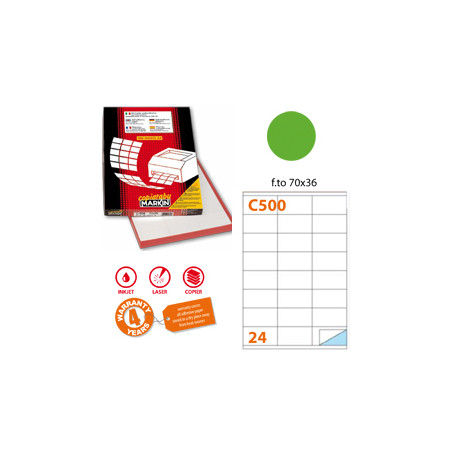 Etichetta adesiva c/500 verde fluo 100fg a4 70x36mm (24et/fg) markin