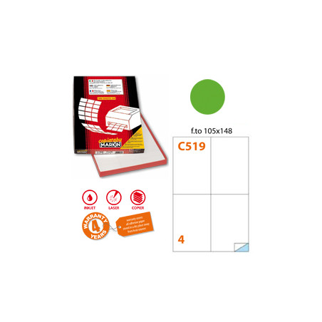 Etichetta adesiva c/519 verde fluo 100fg a4 105x148mm (4et/fg) markin