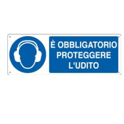Cartello alluminio 35x12,5cm 'e' obligatorio proteggere l'udito"