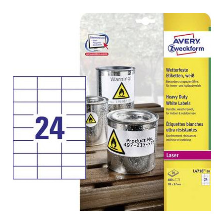 Avery-zweckform l4718-20 etichette 70 x 37 mm pellicola in