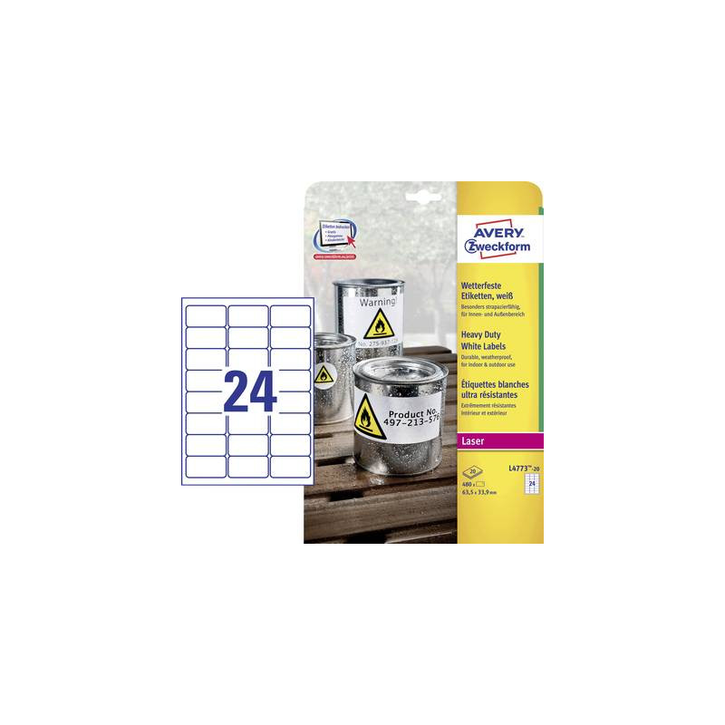 Avery-zweckform l4773-20 etichette 63.5 x 33.9 mm pellicola