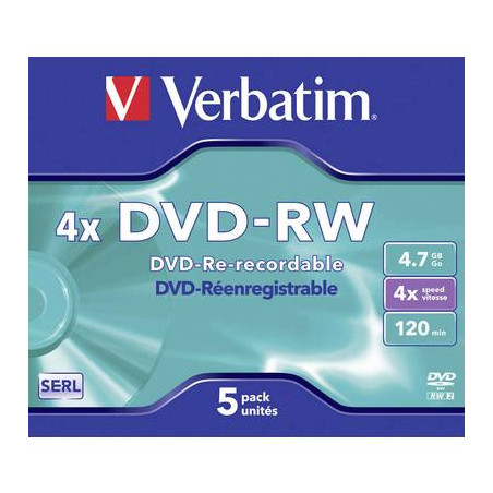 Dvd-rw vergine 4.7 gb verbatim 43285 5 pz. jewel case riscrivibile