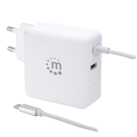 Alimentatore da rete manhattan 60w usb con cavo usb-c bianco