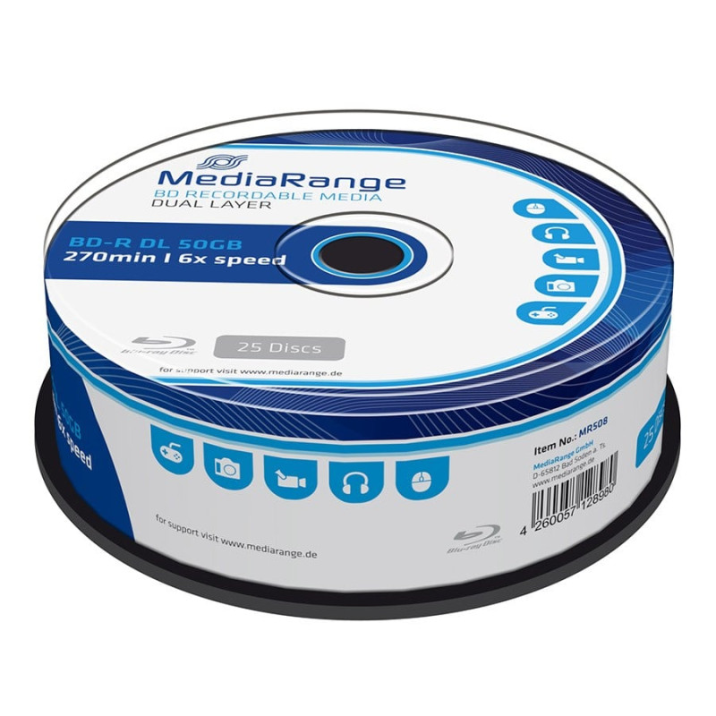 Confezione cd mediarange blu-ray bd-r dl 50gb 25pz [mr508]