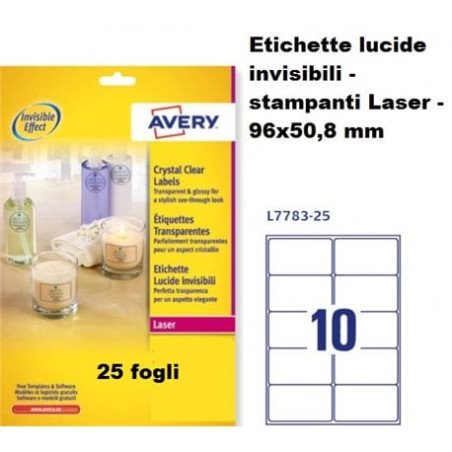 Etichette lucide avery invisibili 96x50.8mm 25fogli [l7783-25]
