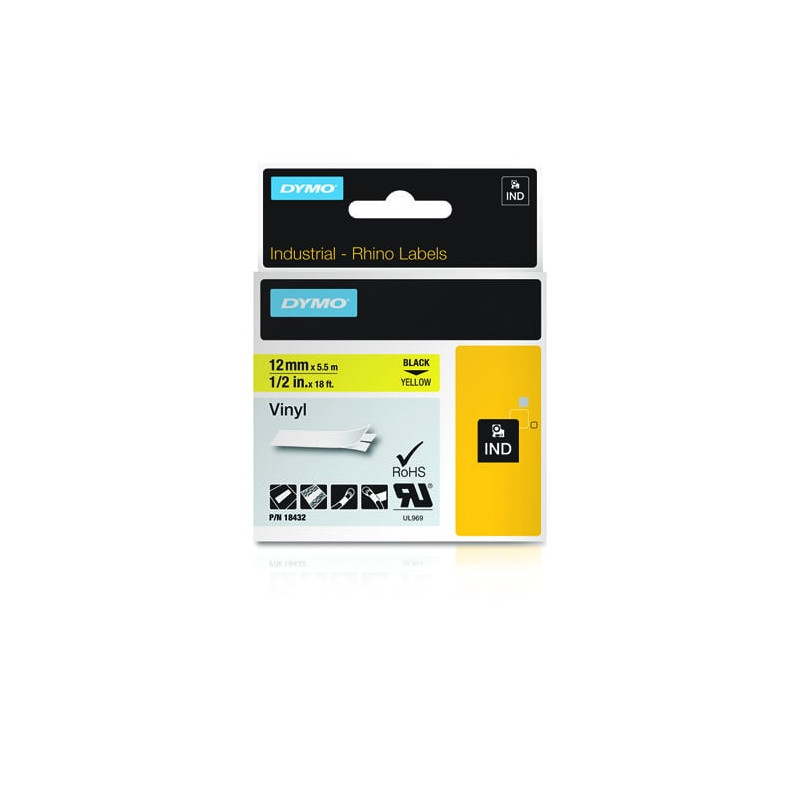 Nastro dymo rhino band vinyl bk/ye 12mmx5,5m [18432]