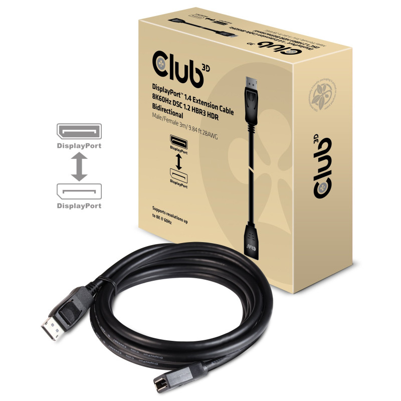 Cavo prolunga club 3d displayport 1.4 hbr3 dsc 1.2 m/f 3m 8k 60hz
