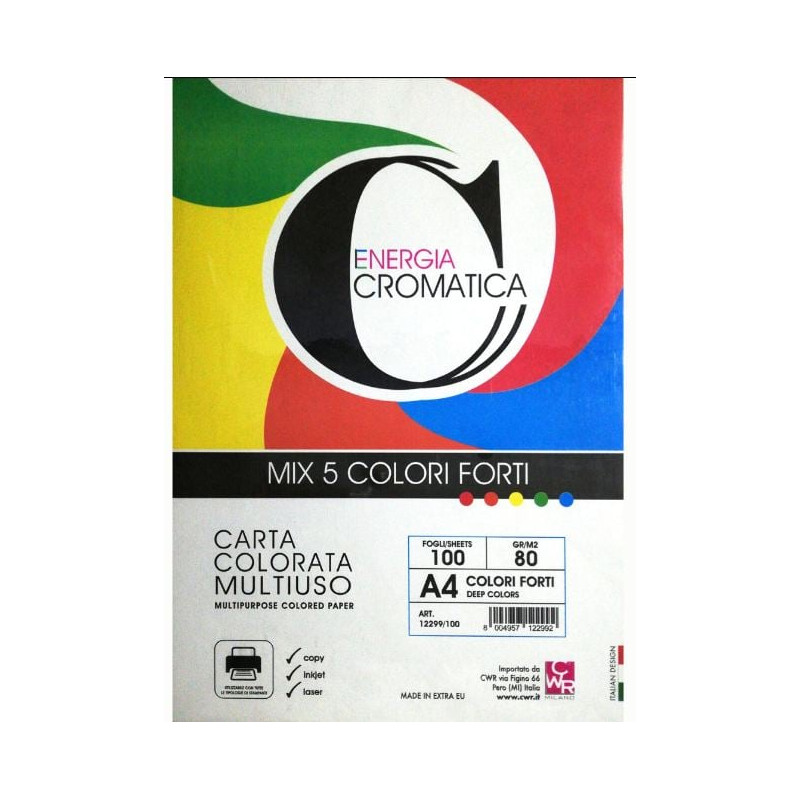 Carta colorata multiuso cwr a4 100 fogli 80g assortito in 5 colori