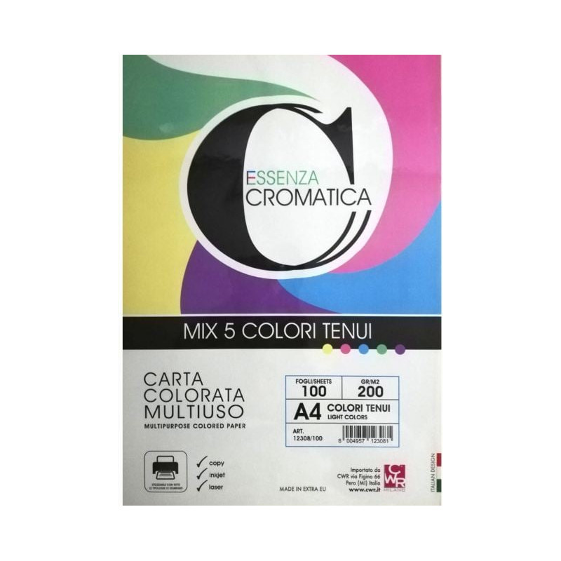 Carta colorata multiuso cwr a4 100 fogli 200g assortito in 5 colori