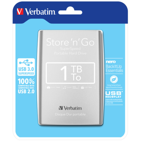 Hard disk esterno 2,5 1tb verbatim store 'n' go argento [53071]