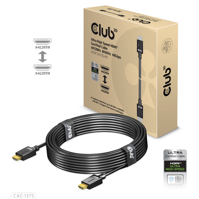 Cavo hdmi club 3d 4k120hz 8k60hz 48gbps m/m 5m/16.4ft [cac-1375]