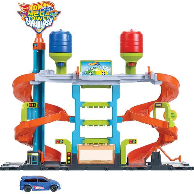 Gioco da costruzione hot wheels city mega autolavaggio a torre multicolore