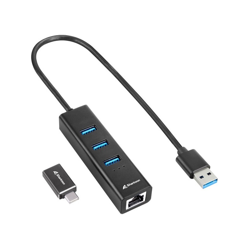 Hub usb sharkoon 3 porte usb 3.2 + rj45 ethernet nero [4044951037575]