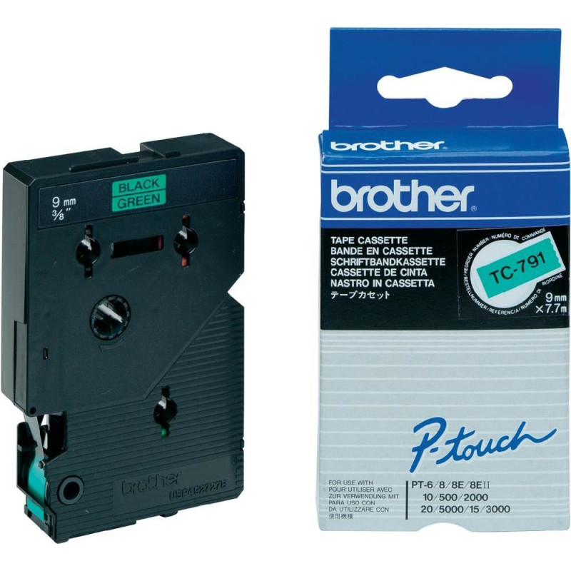 Nastro brother laminato autoadesivo 9mm/7.7m/verde/nero [tc791]