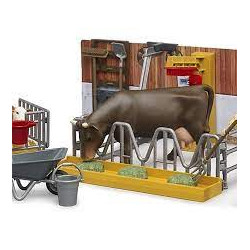 Set giocattolo bruder stalla per mucca e vitello bworld con agricoltore