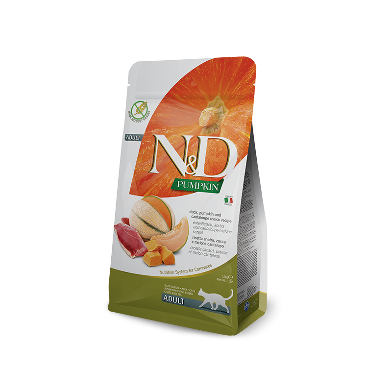 Mangime farmina n&d pumpkin per gatti adulti anatra/zucca/melone
