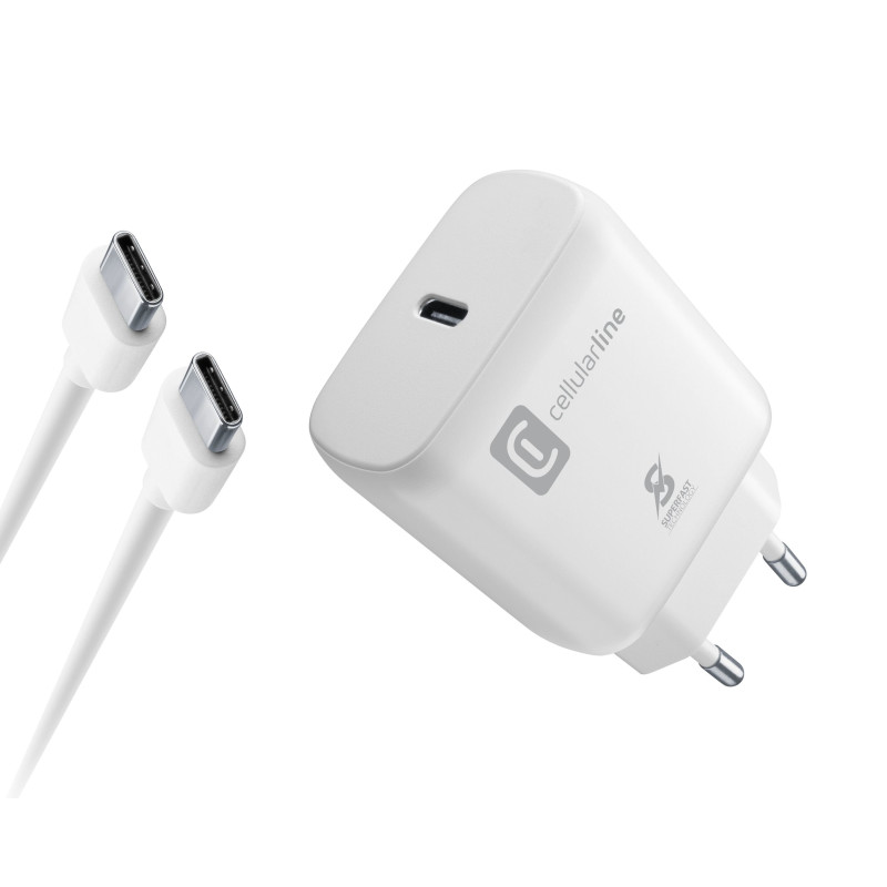 Alimentatore da rete cellularline super fast con cavo usb-c 25w/bianco