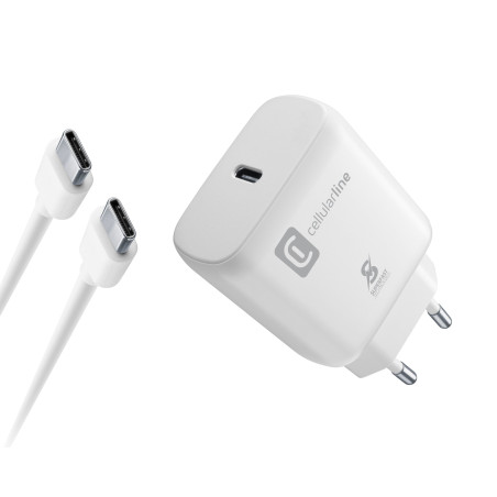Alimentatore da rete cellularline super fast con cavo usb-c 25w/bianco