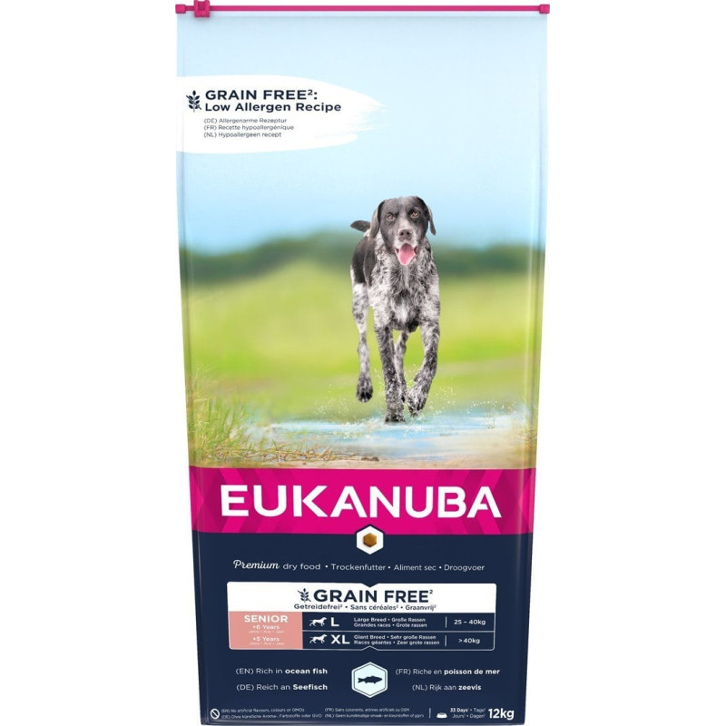 Cibo secco eukanuba grain free per cani senior large pesce oceano
