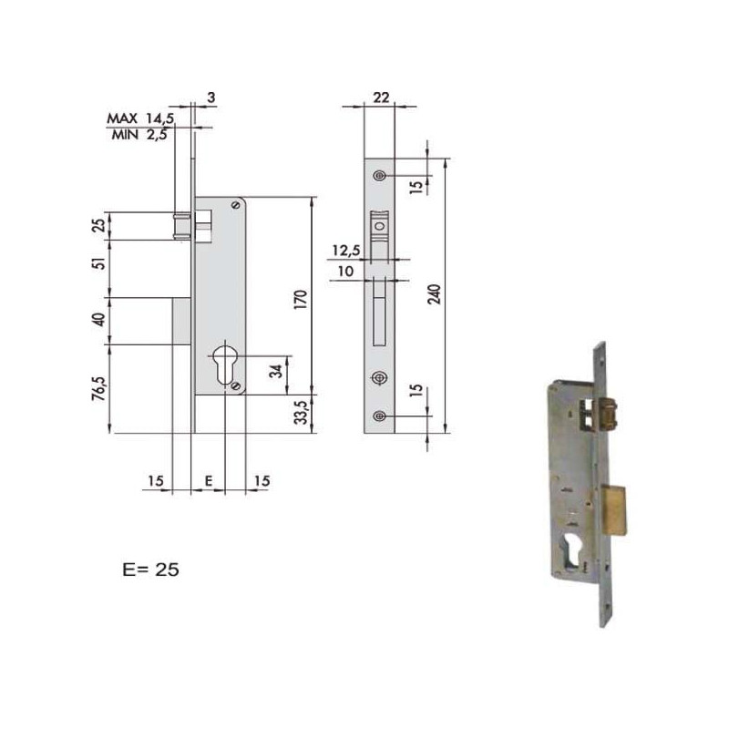 Serratura montanti alluminio infilare frontale inox 22x240 [44671.30.0]