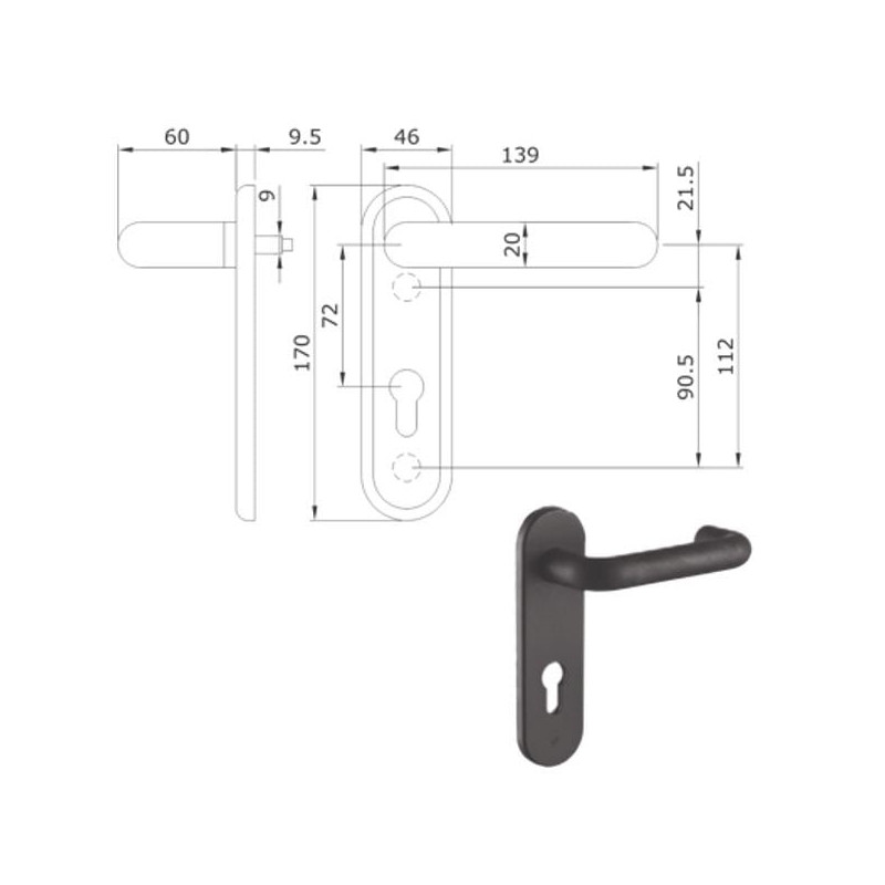 Maniglia serrature iseo tagliafuoco 46x170mm 2pz nero [032435]
