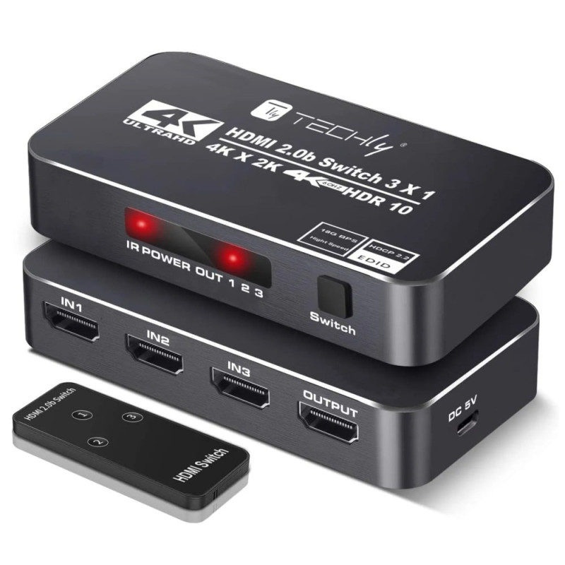 Switch hdmi techly 2.0b 3x1 4k hdr hdcp2.2 con telecomando nero