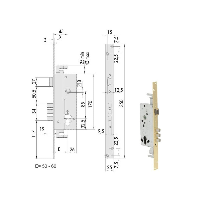 Serratura da infilare cisa 52526 triplice 50mm acciaio zincata [52526.50.0]