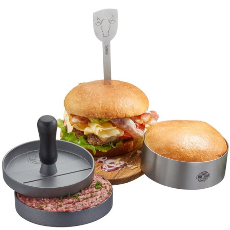 Set hamburger gefu bbq una pressa/un anello/uno spiedino 3pz argento/nero[g-89494]