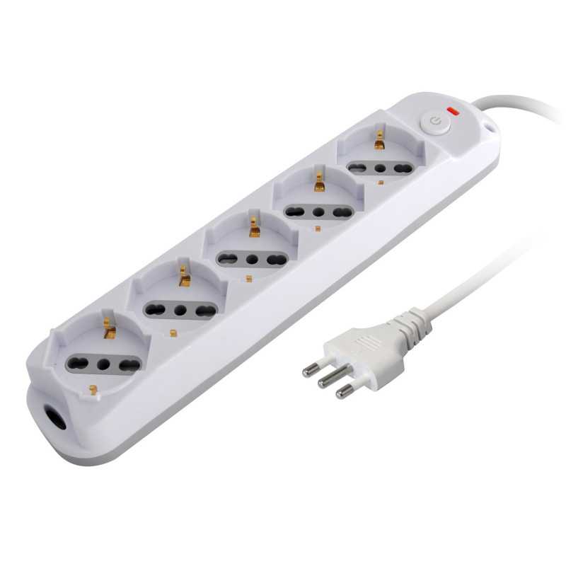 Multipresa techly a 5 posti italiana bipasso/schuko spina 10a bianco/grigio