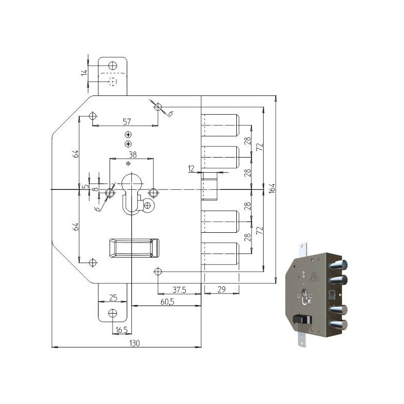 Serratura pompa cr sic.triplice sx cil.2250pe [2250g-51]
