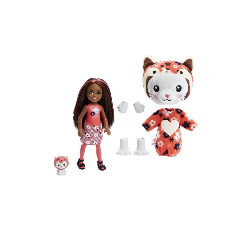 Bambola barbie cutie reveal con costume gattino panda rosso 139mm