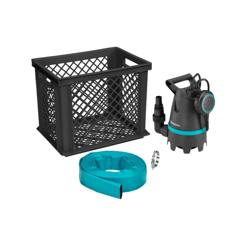Pompa sommersa gardena 10500 basic + tubo piatto + cestello nero/turchese