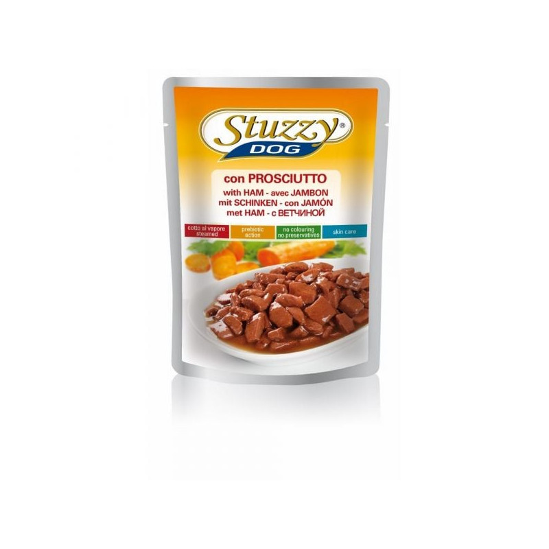 Cibo umido agras pet foods per cani stuzzy bocconcini con prosciutto