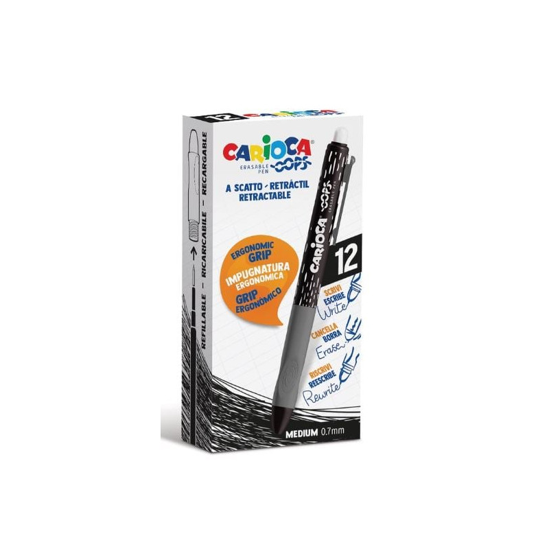 Penna cancellabile carioca oops punta medio 0.7mm nero 12pz