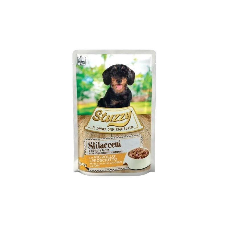 Cibo umido agras pet foods stuzzy sfilaccetti pollo con prosciutto